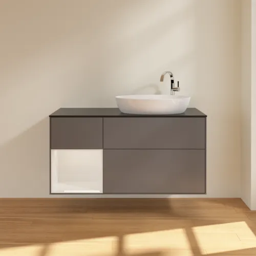 Bild von VILLEROY BOCH Finion Waschbeckenunterschrank, mit Beleuchtung, 3 Auszüge, 1200 x 603 x 501 mm, Anthracite Matt Lacquer / Glossy White Lacquer / Glass Black Matt #F922GFGK