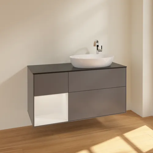 Bild von VILLEROY BOCH Finion Waschbeckenunterschrank, mit Beleuchtung, 3 Auszüge, 1200 x 603 x 501 mm, Anthracite Matt Lacquer / Glossy White Lacquer / Glass Black Matt #F922GFGK