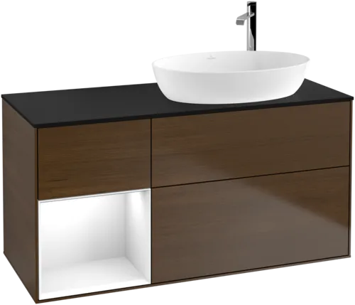 VILLEROY BOCH Finion Vanity unit, with lighting, 3 pull-out compartments, 1200 x 603 x 501 mm, Walnut Veneer / Glossy White Lacquer / Glass Black Matt #F922GFGN resmi