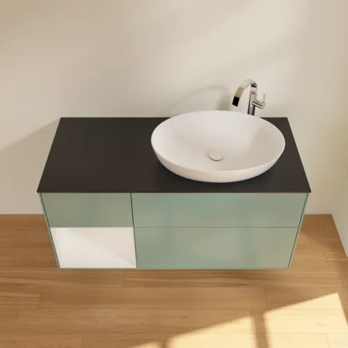 Bild von VILLEROY BOCH Finion Waschbeckenunterschrank, mit Beleuchtung, 3 Auszüge, 1200 x 603 x 501 mm, Olive Matt Lacquer / Glossy White Lacquer / Glass Black Matt #F922GFGM