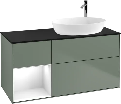 VILLEROY BOCH Finion Vanity unit, with lighting, 3 pull-out compartments, 1200 x 603 x 501 mm, Olive Matt Lacquer / Glossy White Lacquer / Glass Black Matt #F922GFGM resmi
