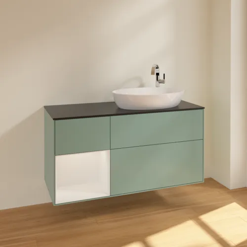 Bild von VILLEROY BOCH Finion Waschbeckenunterschrank, mit Beleuchtung, 3 Auszüge, 1200 x 603 x 501 mm, Olive Matt Lacquer / Glossy White Lacquer / Glass Black Matt #F922GFGM