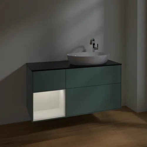 Bild von VILLEROY BOCH Finion Waschbeckenunterschrank, mit Beleuchtung, 3 Auszüge, 1200 x 603 x 501 mm, Olive Matt Lacquer / Glossy White Lacquer / Glass Black Matt #F922GFGM
