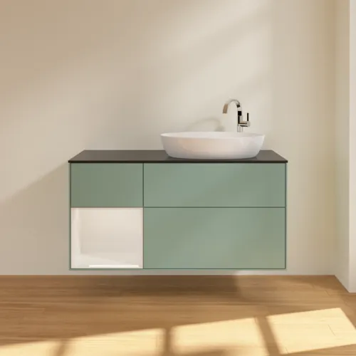 Bild von VILLEROY BOCH Finion Waschbeckenunterschrank, mit Beleuchtung, 3 Auszüge, 1200 x 603 x 501 mm, Olive Matt Lacquer / Glossy White Lacquer / Glass Black Matt #F922GFGM