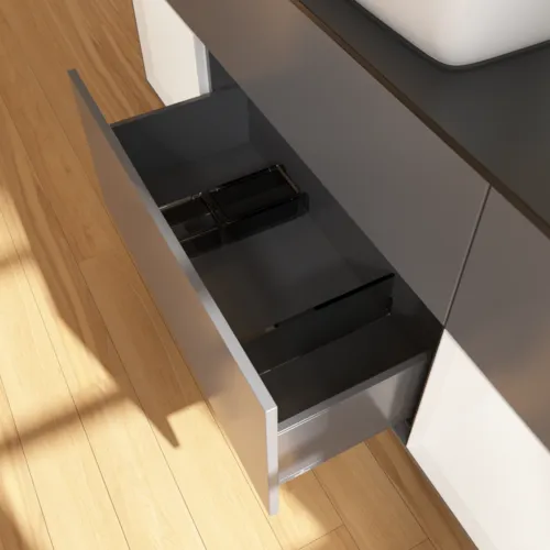 VILLEROY BOCH Finion Waschbeckenunterschrank, mit Beleuchtung, 4 Auszüge, 1600 x 603 x 501 mm, Anthracite Matt Lacquer / White Matt Lacquer / Glass Black Matt #F862MTGK, Bild 7