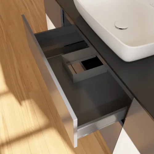 VILLEROY BOCH Finion Waschbeckenunterschrank, mit Beleuchtung, 4 Auszüge, 1600 x 603 x 501 mm, Anthracite Matt Lacquer / White Matt Lacquer / Glass Black Matt #F862MTGK, Bild 8