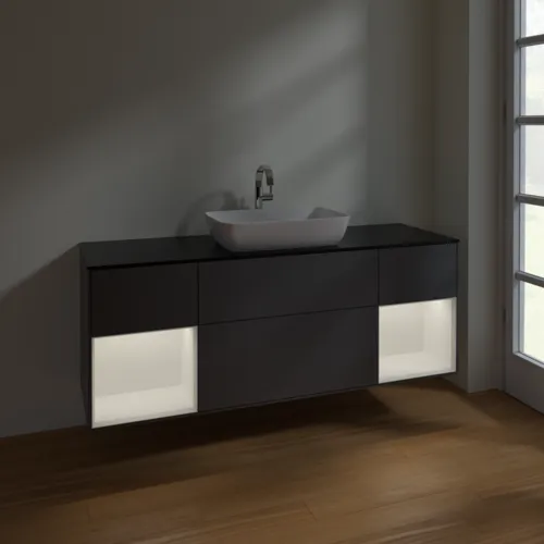 VILLEROY BOCH Finion Waschbeckenunterschrank, mit Beleuchtung, 4 Auszüge, 1600 x 603 x 501 mm, Anthracite Matt Lacquer / White Matt Lacquer / Glass Black Matt #F862MTGK, Bild 5