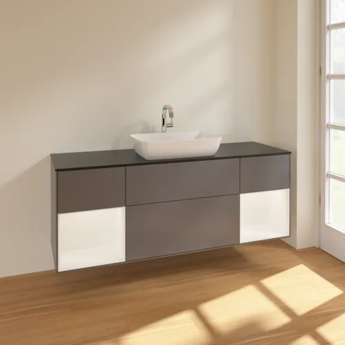 VILLEROY BOCH Finion Waschbeckenunterschrank, mit Beleuchtung, 4 Auszüge, 1600 x 603 x 501 mm, Anthracite Matt Lacquer / White Matt Lacquer / Glass Black Matt #F862MTGK, Bild 2