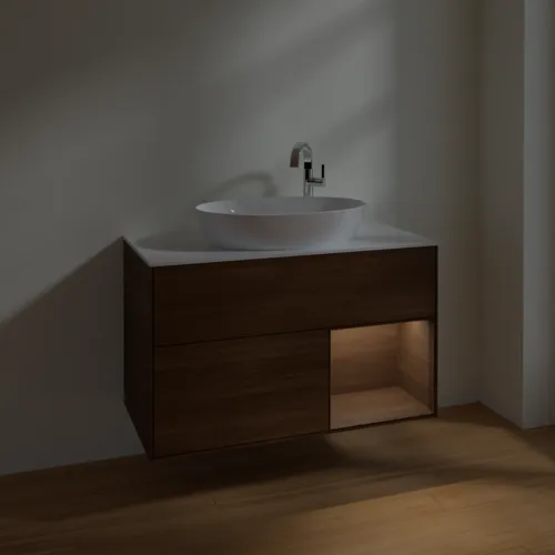 VILLEROY BOCH Finion Waschbeckenunterschrank, mit Beleuchtung, 2 Auszüge, 1000 x 603 x 501 mm, Walnut Veneer / Walnut Veneer / Glass White Matt #F901GNGN, Bild 4