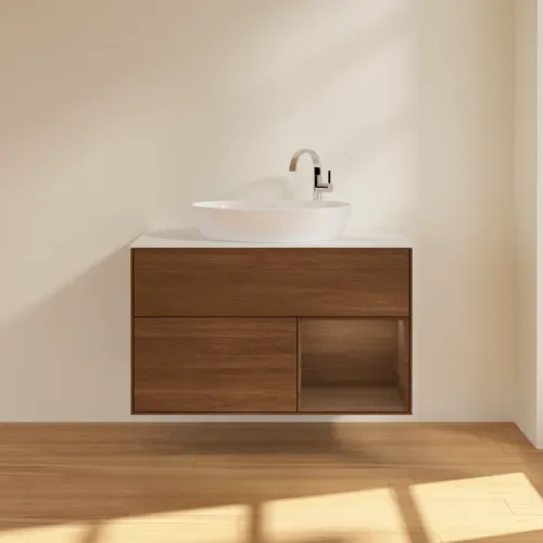 VILLEROY BOCH Finion Waschbeckenunterschrank, mit Beleuchtung, 2 Auszüge, 1000 x 603 x 501 mm, Walnut Veneer / Walnut Veneer / Glass White Matt #F901GNGN, Bild 3