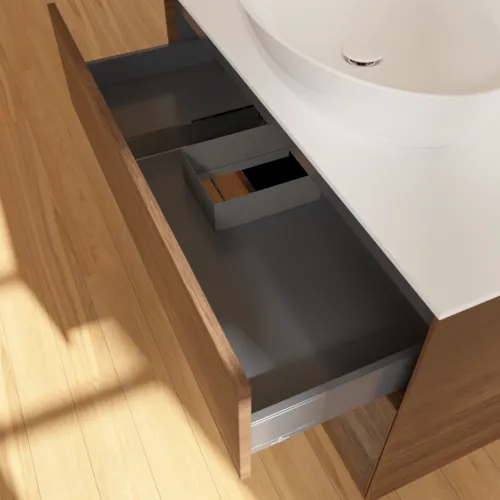 VILLEROY BOCH Finion Waschbeckenunterschrank, mit Beleuchtung, 2 Auszüge, 1000 x 603 x 501 mm, Walnut Veneer / Walnut Veneer / Glass White Matt #F901GNGN, Bild 6