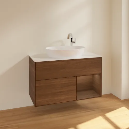 VILLEROY BOCH Finion Waschbeckenunterschrank, mit Beleuchtung, 2 Auszüge, 1000 x 603 x 501 mm, Walnut Veneer / Walnut Veneer / Glass White Matt #F901GNGN, Bild 2