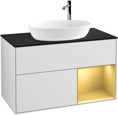 Picture of VILLEROY BOCH Finion Vanity unit, with lighting, 2 pull-out compartments, 1000 x 603 x 501 mm, White Matt Lacquer / Gold Matt Lacquer / Glass Black Matt #F902HFMT