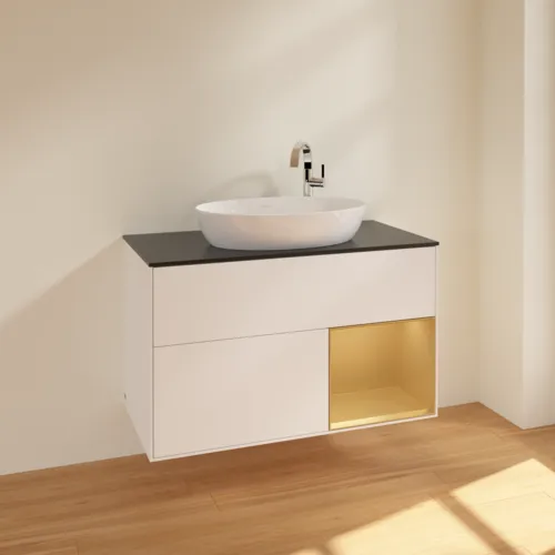 VILLEROY BOCH Finion Waschbeckenunterschrank, mit Beleuchtung, 2 Auszüge, 1000 x 603 x 501 mm, White Matt Lacquer / Gold Matt Lacquer / Glass Black Matt #F902HFMT, Bild 2