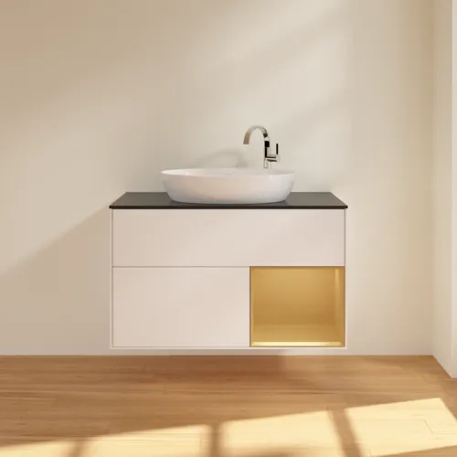 VILLEROY BOCH Finion Waschbeckenunterschrank, mit Beleuchtung, 2 Auszüge, 1000 x 603 x 501 mm, White Matt Lacquer / Gold Matt Lacquer / Glass Black Matt #F902HFMT, Bild 3
