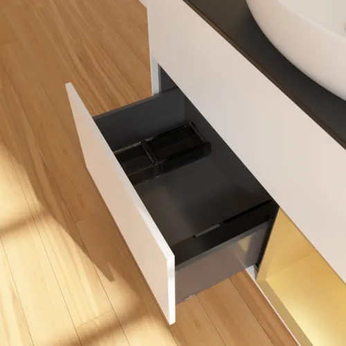 VILLEROY BOCH Finion Waschbeckenunterschrank, mit Beleuchtung, 2 Auszüge, 1000 x 603 x 501 mm, White Matt Lacquer / Gold Matt Lacquer / Glass Black Matt #F902HFMT, Bild 6