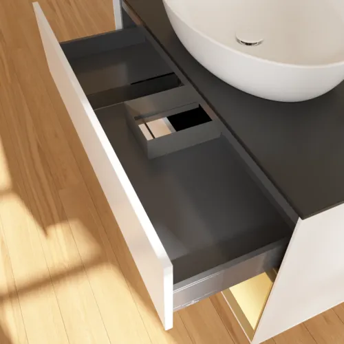 VILLEROY BOCH Finion Waschbeckenunterschrank, mit Beleuchtung, 2 Auszüge, 1000 x 603 x 501 mm, White Matt Lacquer / Gold Matt Lacquer / Glass Black Matt #F902HFMT, Bild 7