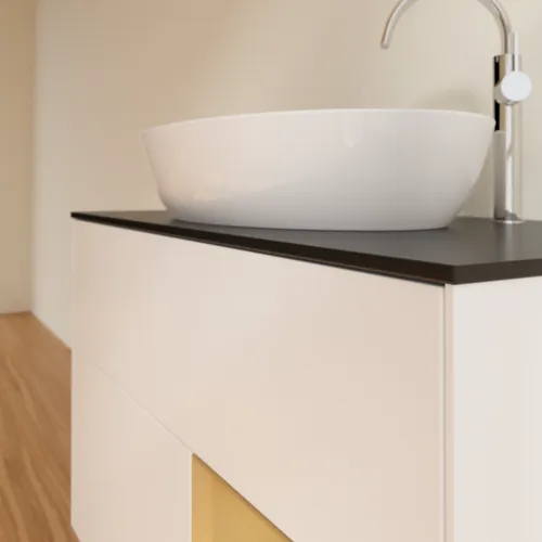 VILLEROY BOCH Finion Waschbeckenunterschrank, mit Beleuchtung, 2 Auszüge, 1000 x 603 x 501 mm, White Matt Lacquer / Gold Matt Lacquer / Glass Black Matt #F902HFMT, Bild 5