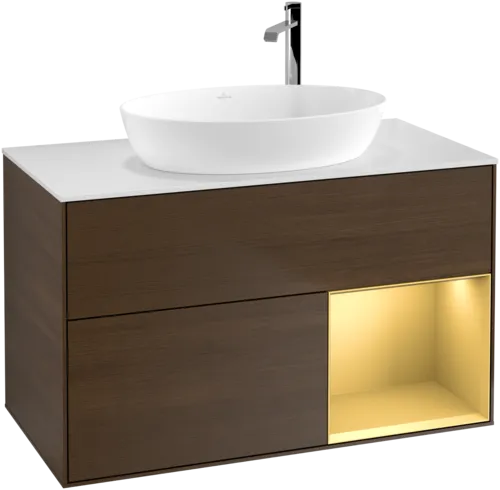 Obrázek VILLEROY BOCH Toaletní stolek Finion, s osvětlením, 2 výsuvy, 1000 x 603 x 501 mm, ořechová dýha / zlatý matný lak / sklo bílé matné #F901HFGN
