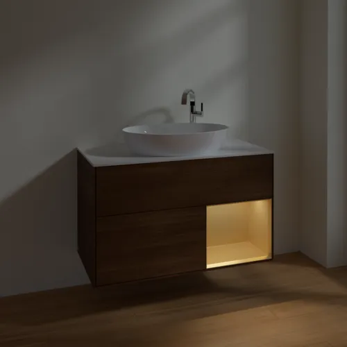 VILLEROY BOCH Finion Waschbeckenunterschrank, mit Beleuchtung, 2 Auszüge, 1000 x 603 x 501 mm, Walnut Veneer / Gold Matt Lacquer / Glass White Matt #F901HFGN, Bild 5