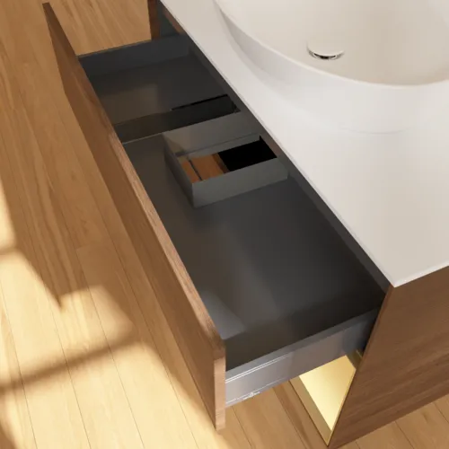 VILLEROY BOCH Finion Waschbeckenunterschrank, mit Beleuchtung, 2 Auszüge, 1000 x 603 x 501 mm, Walnut Veneer / Gold Matt Lacquer / Glass White Matt #F901HFGN, Bild 8