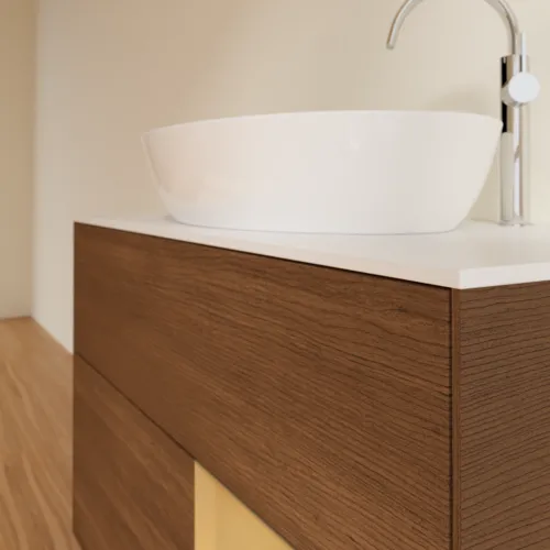 VILLEROY BOCH Finion Waschbeckenunterschrank, mit Beleuchtung, 2 Auszüge, 1000 x 603 x 501 mm, Walnut Veneer / Gold Matt Lacquer / Glass White Matt #F901HFGN, Bild 6