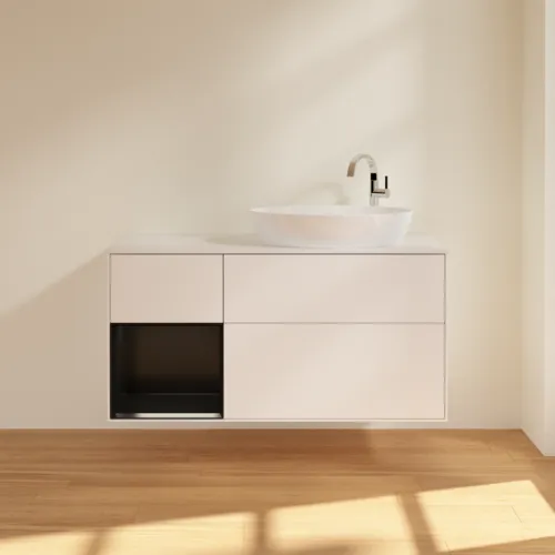 Bild von VILLEROY BOCH Finion Waschbeckenunterschrank, mit Beleuchtung, 3 Auszüge, 1200 x 603 x 501 mm, White Matt Lacquer / Black Matt Lacquer / Glass White Matt #F921PDMT