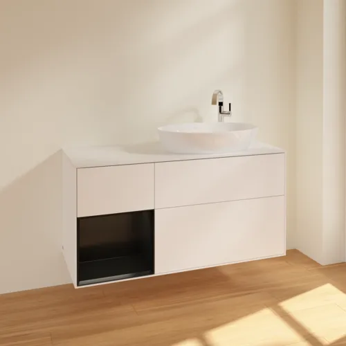 Bild von VILLEROY BOCH Finion Waschbeckenunterschrank, mit Beleuchtung, 3 Auszüge, 1200 x 603 x 501 mm, White Matt Lacquer / Black Matt Lacquer / Glass White Matt #F921PDMT