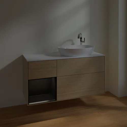 Bild von VILLEROY BOCH Finion Waschbeckenunterschrank, mit Beleuchtung, 3 Auszüge, 1200 x 603 x 501 mm, Oak Veneer / Black Matt Lacquer / Glass White Matt #F921PDPC