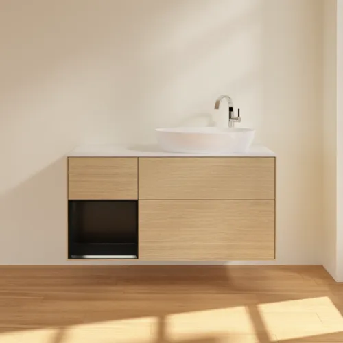 Bild von VILLEROY BOCH Finion Waschbeckenunterschrank, mit Beleuchtung, 3 Auszüge, 1200 x 603 x 501 mm, Oak Veneer / Black Matt Lacquer / Glass White Matt #F921PDPC