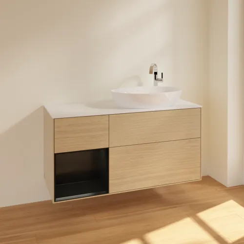 Bild von VILLEROY BOCH Finion Waschbeckenunterschrank, mit Beleuchtung, 3 Auszüge, 1200 x 603 x 501 mm, Oak Veneer / Black Matt Lacquer / Glass White Matt #F921PDPC