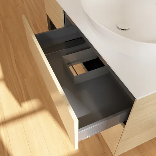 Bild von VILLEROY BOCH Finion Waschbeckenunterschrank, mit Beleuchtung, 3 Auszüge, 1200 x 603 x 501 mm, Oak Veneer / Black Matt Lacquer / Glass White Matt #F921PDPC