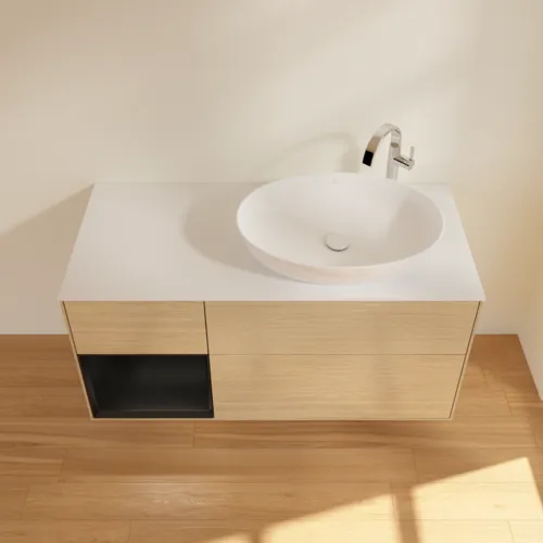 Bild von VILLEROY BOCH Finion Waschbeckenunterschrank, mit Beleuchtung, 3 Auszüge, 1200 x 603 x 501 mm, Oak Veneer / Black Matt Lacquer / Glass White Matt #F921PDPC