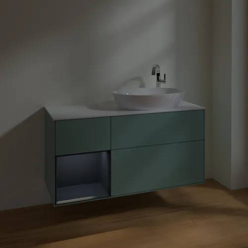 Bild von VILLEROY BOCH Finion Waschbeckenunterschrank, mit Beleuchtung, 3 Auszüge, 1200 x 603 x 501 mm, Olive Matt Lacquer / Midnight Blue Matt Lacquer / Glass White Matt #F921HGGM
