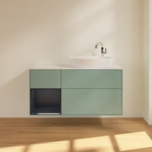 Bild von VILLEROY BOCH Finion Waschbeckenunterschrank, mit Beleuchtung, 3 Auszüge, 1200 x 603 x 501 mm, Olive Matt Lacquer / Midnight Blue Matt Lacquer / Glass White Matt #F921HGGM