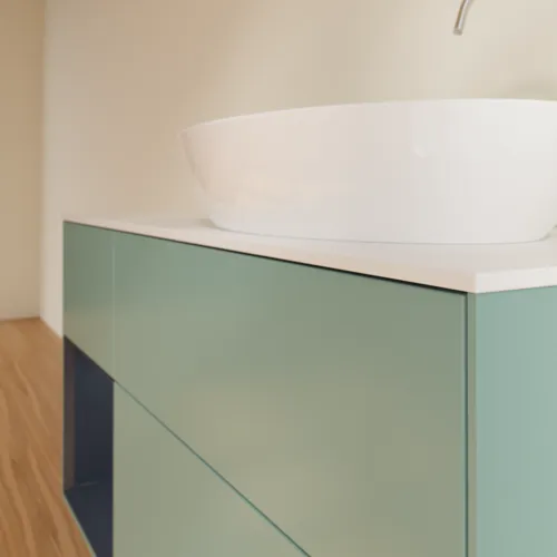 Bild von VILLEROY BOCH Finion Waschbeckenunterschrank, mit Beleuchtung, 3 Auszüge, 1200 x 603 x 501 mm, Olive Matt Lacquer / Midnight Blue Matt Lacquer / Glass White Matt #F921HGGM