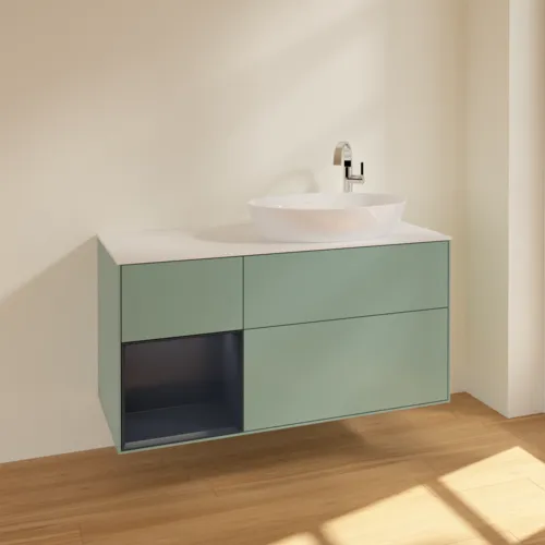 Bild von VILLEROY BOCH Finion Waschbeckenunterschrank, mit Beleuchtung, 3 Auszüge, 1200 x 603 x 501 mm, Olive Matt Lacquer / Midnight Blue Matt Lacquer / Glass White Matt #F921HGGM