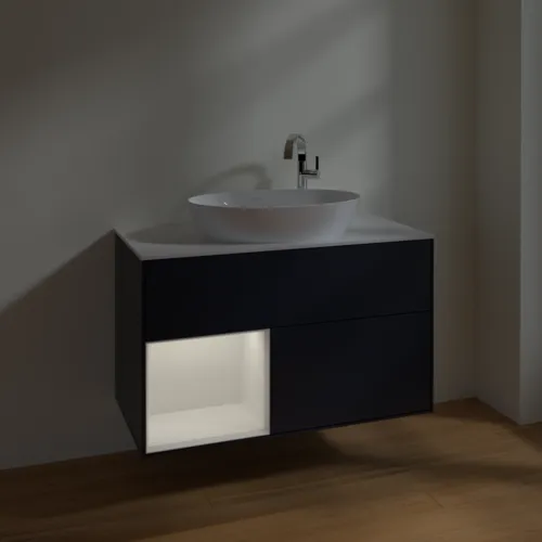 Bild von VILLEROY BOCH Finion Waschbeckenunterschrank, mit Beleuchtung, 2 Auszüge, 1000 x 603 x 501 mm, Midnight Blue Matt Lacquer / Glossy White Lacquer / Glass White Matt #F891GFHG
