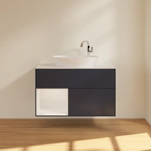 Bild von VILLEROY BOCH Finion Waschbeckenunterschrank, mit Beleuchtung, 2 Auszüge, 1000 x 603 x 501 mm, Midnight Blue Matt Lacquer / Glossy White Lacquer / Glass White Matt #F891GFHG