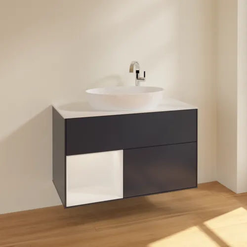 Bild von VILLEROY BOCH Finion Waschbeckenunterschrank, mit Beleuchtung, 2 Auszüge, 1000 x 603 x 501 mm, Midnight Blue Matt Lacquer / Glossy White Lacquer / Glass White Matt #F891GFHG