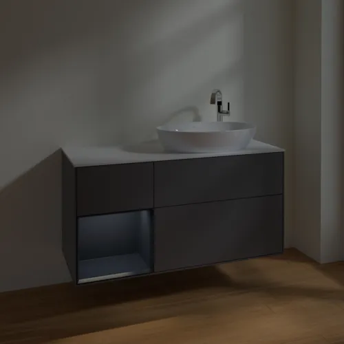 Bild von VILLEROY BOCH Finion Waschbeckenunterschrank, mit Beleuchtung, 3 Auszüge, 1200 x 603 x 501 mm, Anthracite Matt Lacquer / Midnight Blue Matt Lacquer / Glass White Matt #F921HGGK