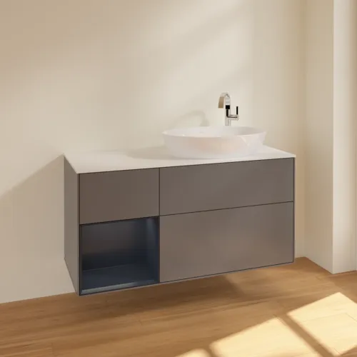 Bild von VILLEROY BOCH Finion Waschbeckenunterschrank, mit Beleuchtung, 3 Auszüge, 1200 x 603 x 501 mm, Anthracite Matt Lacquer / Midnight Blue Matt Lacquer / Glass White Matt #F921HGGK