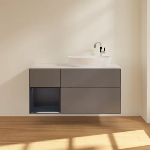 Bild von VILLEROY BOCH Finion Waschbeckenunterschrank, mit Beleuchtung, 3 Auszüge, 1200 x 603 x 501 mm, Anthracite Matt Lacquer / Midnight Blue Matt Lacquer / Glass White Matt #F921HGGK