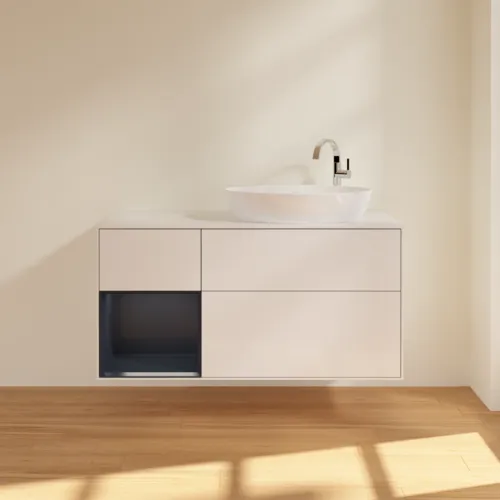Bild von VILLEROY BOCH Finion Waschbeckenunterschrank, mit Beleuchtung, 3 Auszüge, 1200 x 603 x 501 mm, Glossy White Lacquer / Midnight Blue Matt Lacquer / Glass White Matt #F921HGGF
