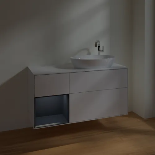 Bild von VILLEROY BOCH Finion Waschbeckenunterschrank, mit Beleuchtung, 3 Auszüge, 1200 x 603 x 501 mm, Glossy White Lacquer / Midnight Blue Matt Lacquer / Glass White Matt #F921HGGF