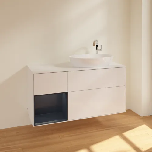 Bild von VILLEROY BOCH Finion Waschbeckenunterschrank, mit Beleuchtung, 3 Auszüge, 1200 x 603 x 501 mm, Glossy White Lacquer / Midnight Blue Matt Lacquer / Glass White Matt #F921HGGF