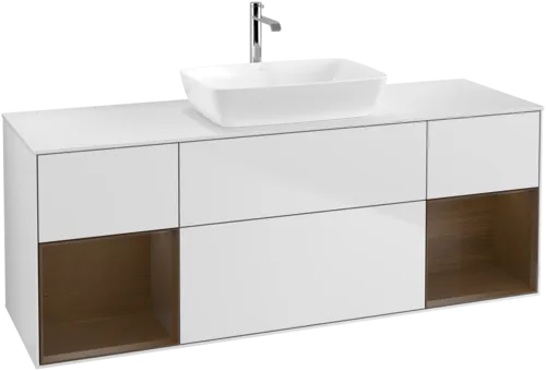 Picture of VILLEROY BOCH Finion Vanity unit, with lighting, 4 pull-out compartments, 1600 x 603 x 501 mm, White Matt Lacquer / Walnut Veneer / Glass White Matt #F861GNMT