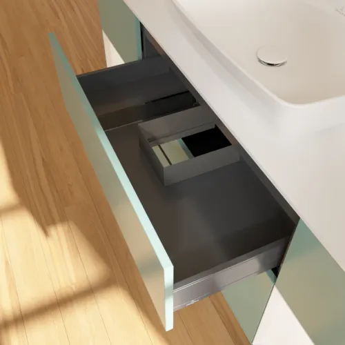 Bild von VILLEROY BOCH Finion Waschbeckenunterschrank, mit Beleuchtung, 4 Auszüge, 1600 x 603 x 501 mm, Olive Matt Lacquer / White Matt Lacquer / Glass White Matt #F861MTGM