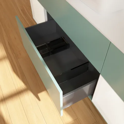 Bild von VILLEROY BOCH Finion Waschbeckenunterschrank, mit Beleuchtung, 4 Auszüge, 1600 x 603 x 501 mm, Olive Matt Lacquer / White Matt Lacquer / Glass White Matt #F861MTGM
