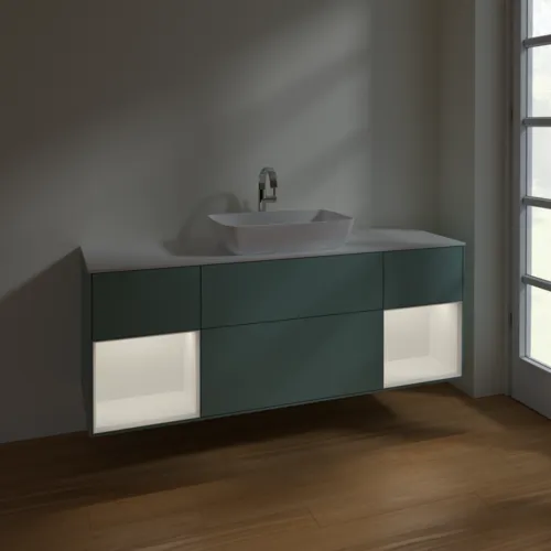 Bild von VILLEROY BOCH Finion Waschbeckenunterschrank, mit Beleuchtung, 4 Auszüge, 1600 x 603 x 501 mm, Olive Matt Lacquer / White Matt Lacquer / Glass White Matt #F861MTGM